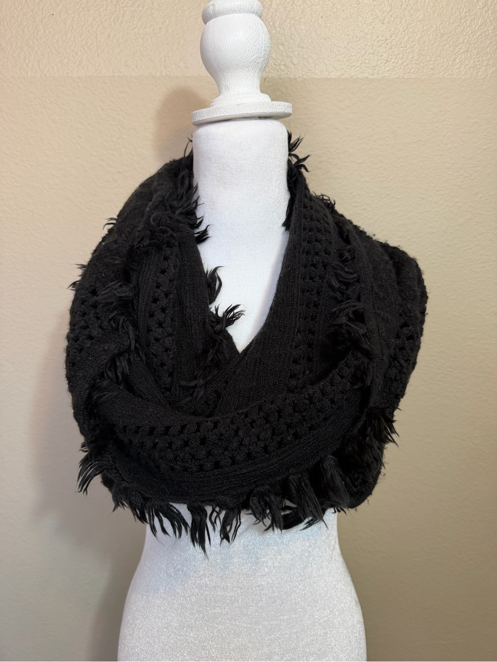 Dillard's Black Open Knit Infinity Scarf with Eyelash Fringe Boho